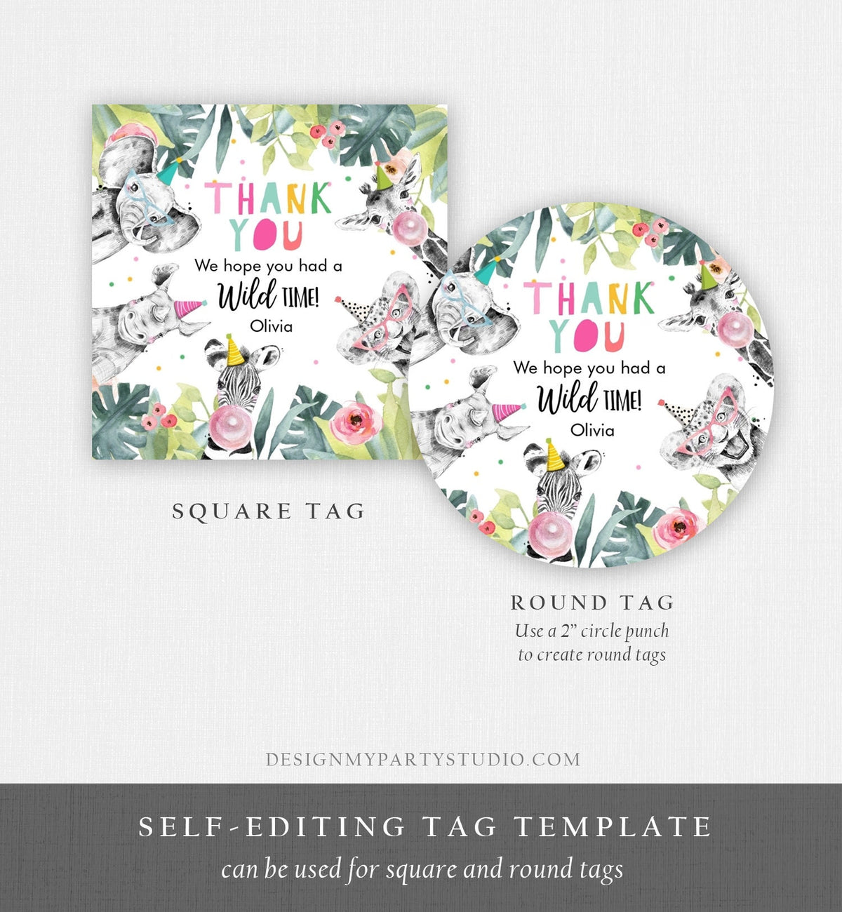 Editable Party Animals Favor Tag Wild One Animals Thank You Gift Safari Animals Birthday Wild Time Stickers Digital Template Printable 0322