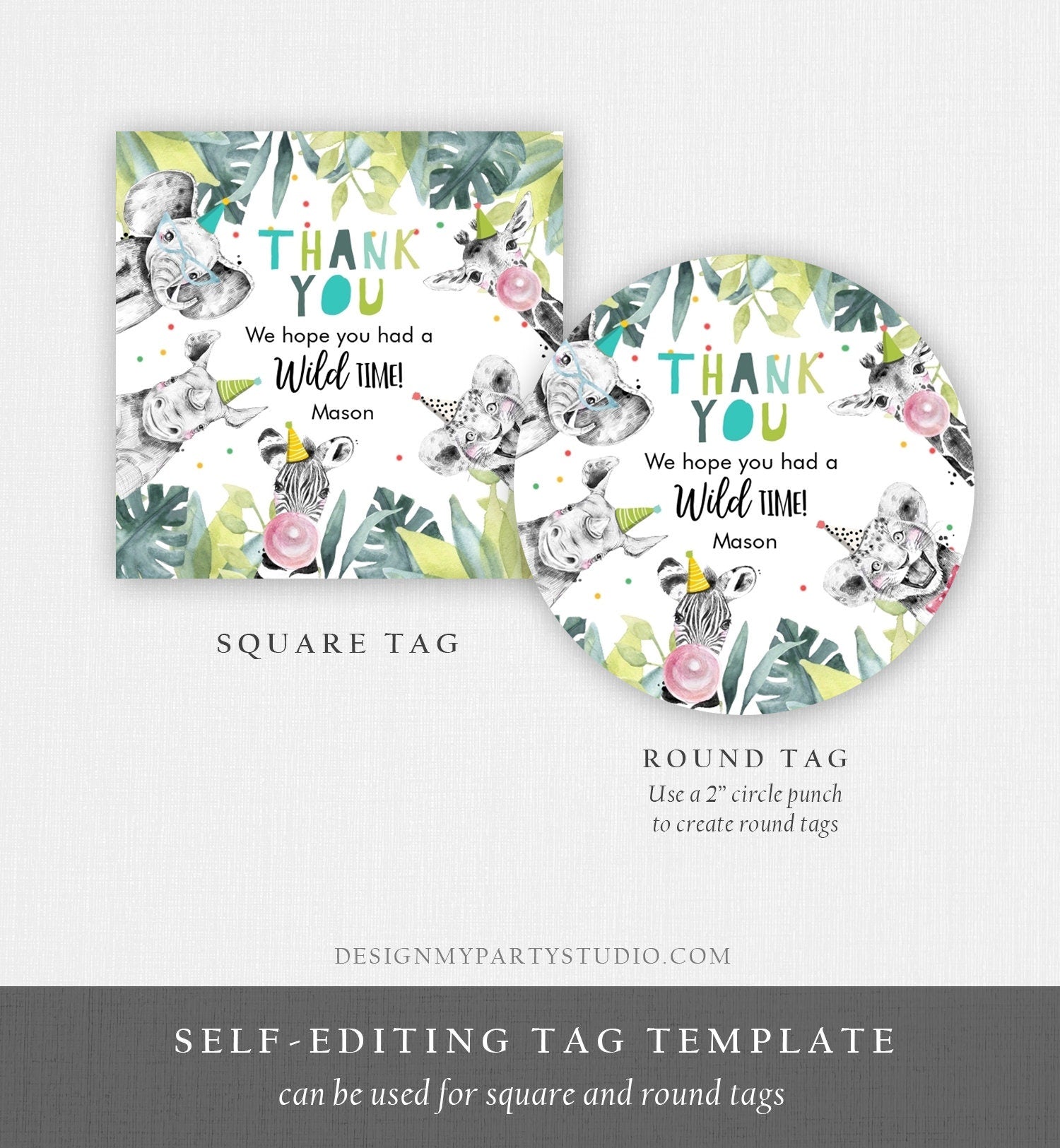 Editable Party Animals Favor Tag Wild One Safari Animals Thank You Wild Time Zoo Gift Boy Birthday Stickers Digital Template Printable 0322