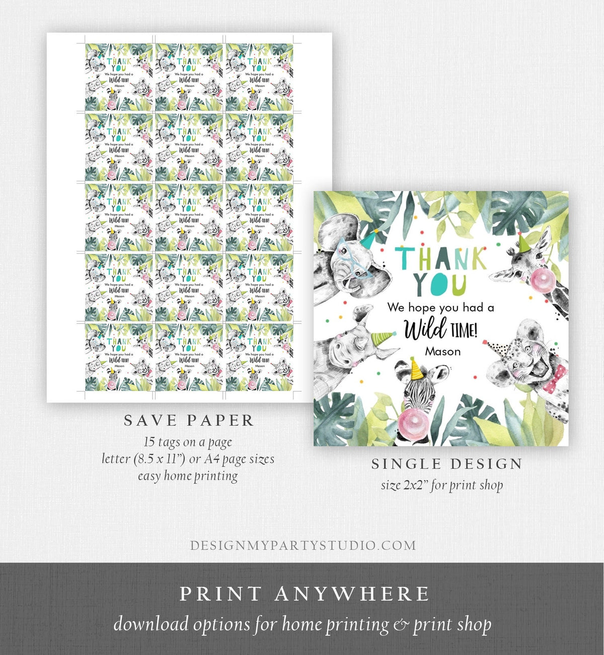 Editable Party Animals Favor Tag Wild One Safari Animals Thank You Wild Time Zoo Gift Boy Birthday Stickers Digital Template Printable 0322