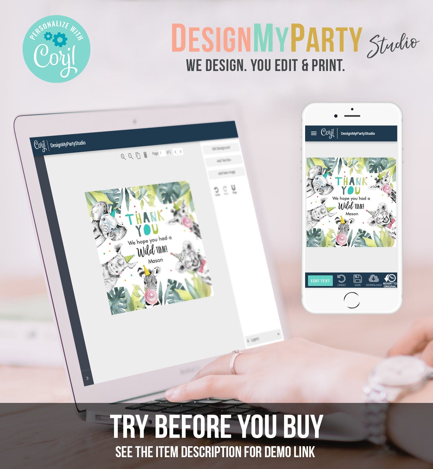 Editable Party Animals Favor Tag Wild One Safari Animals Thank You Wild Time Zoo Gift Boy Birthday Stickers Digital Template Printable 0322