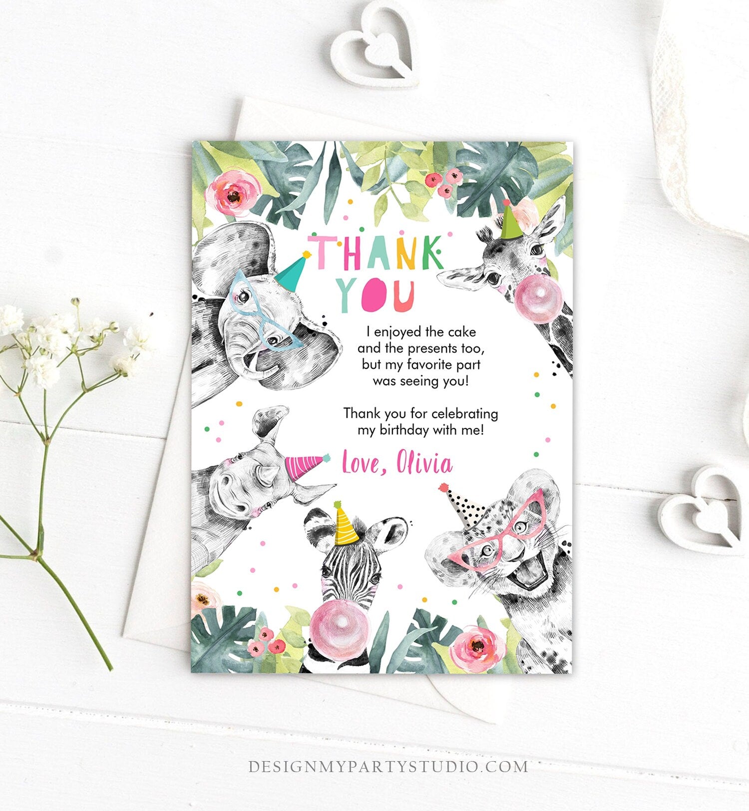 Editable Thank You Card Safari Animals Wild One Two Wild Thank You Note Girl Pink Gold Zoo Party Animals Digital Template Printable 0322