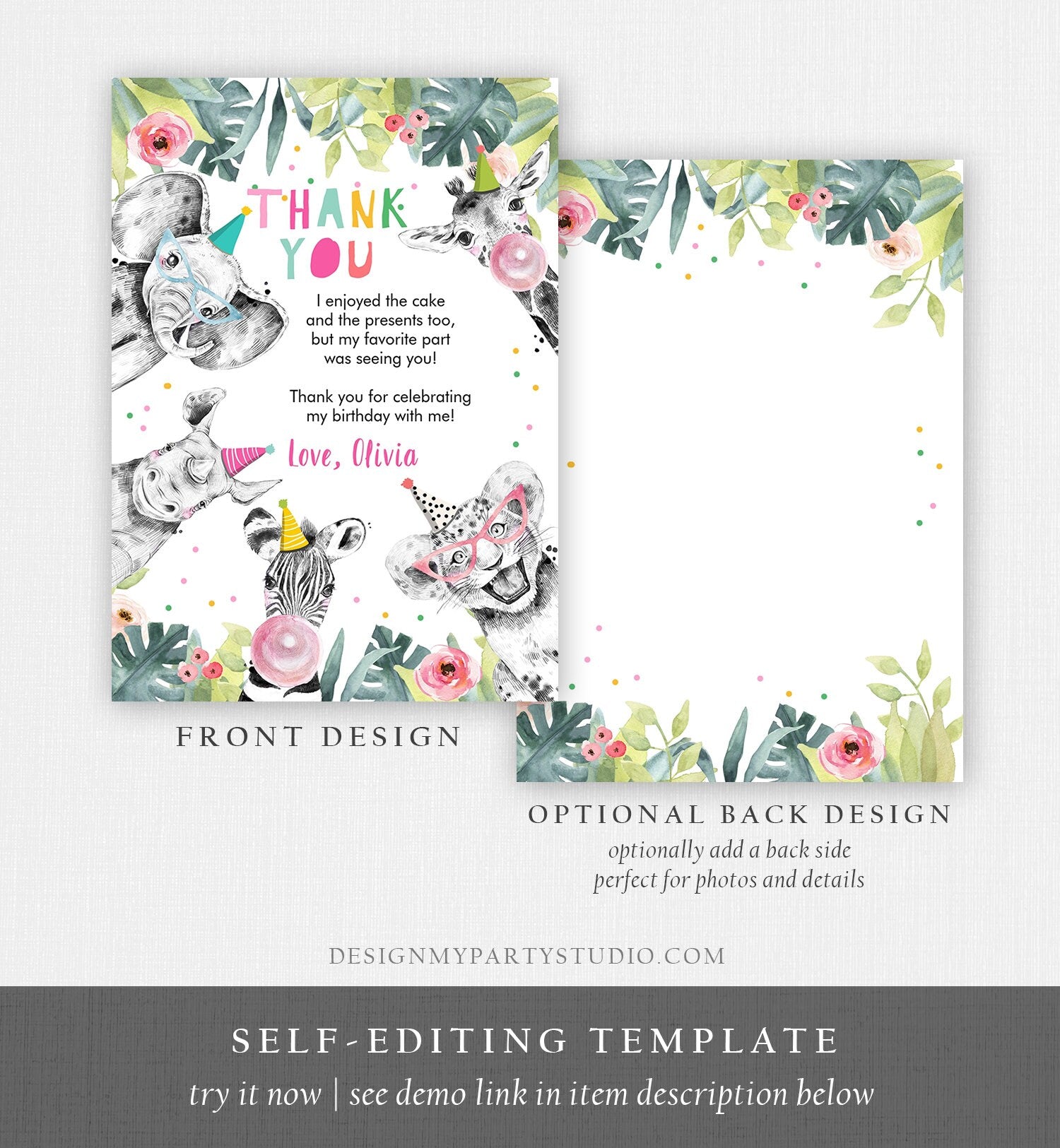 Editable Thank You Card Safari Animals Wild One Two Wild Thank You Note Girl Pink Gold Zoo Party Animals Digital Template Printable 0322