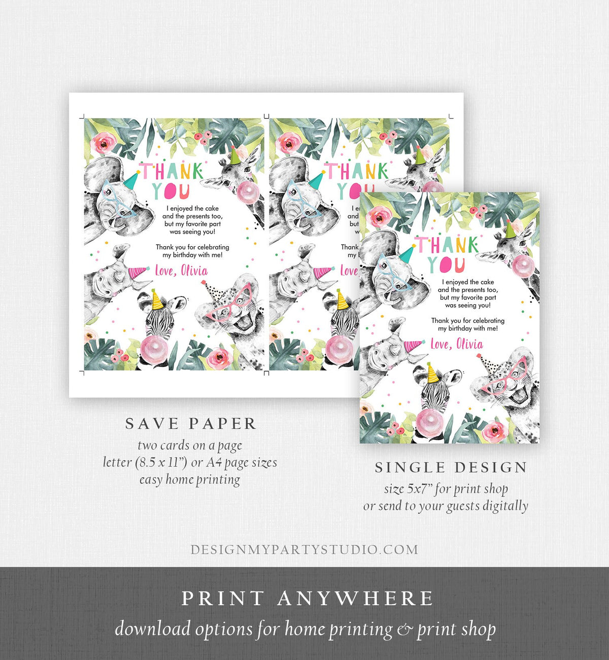 Editable Thank You Card Safari Animals Wild One Two Wild Thank You Note Girl Pink Gold Zoo Party Animals Digital Template Printable 0322