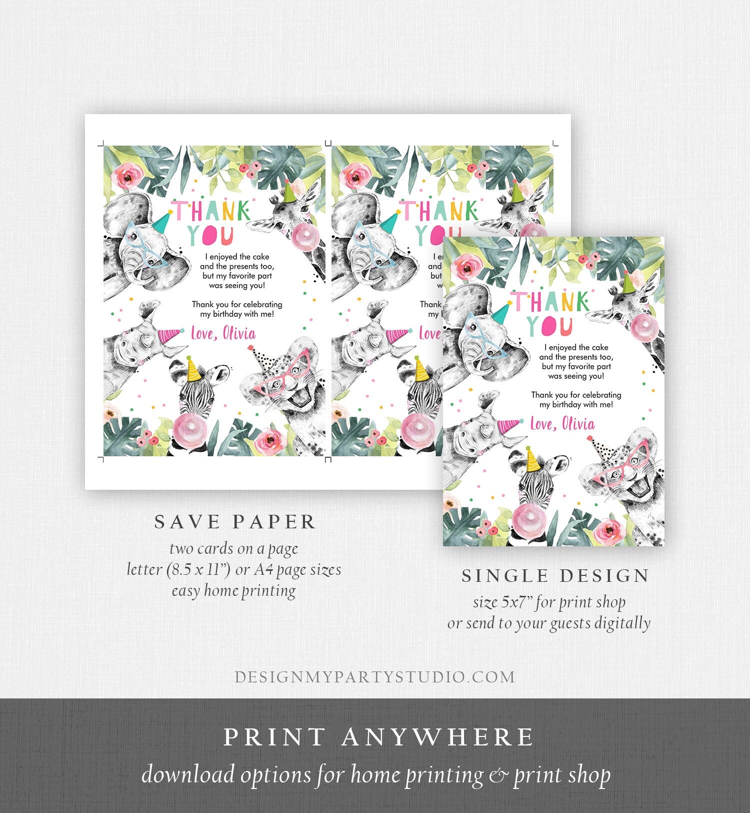 Editable Thank You Card Safari Animals Wild One Two Wild Thank You Note Girl Pink Gold Zoo Party Animals Digital Template Printable 0322