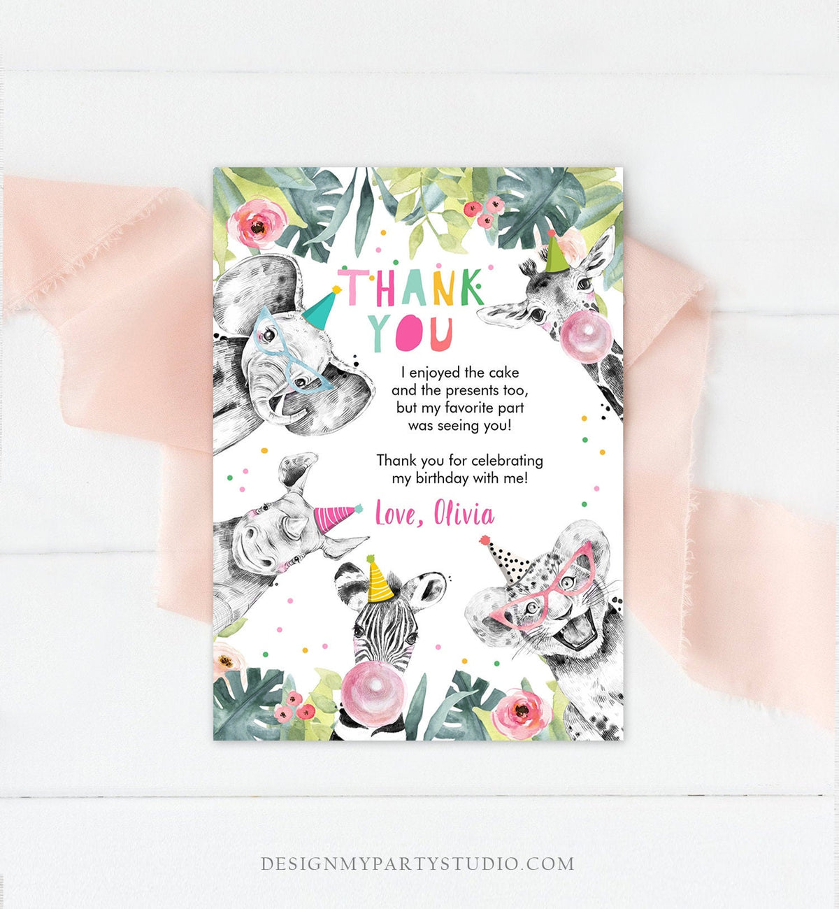 Editable Thank You Card Safari Animals Wild One Two Wild Thank You Note Girl Pink Gold Zoo Party Animals Digital Template Printable 0322