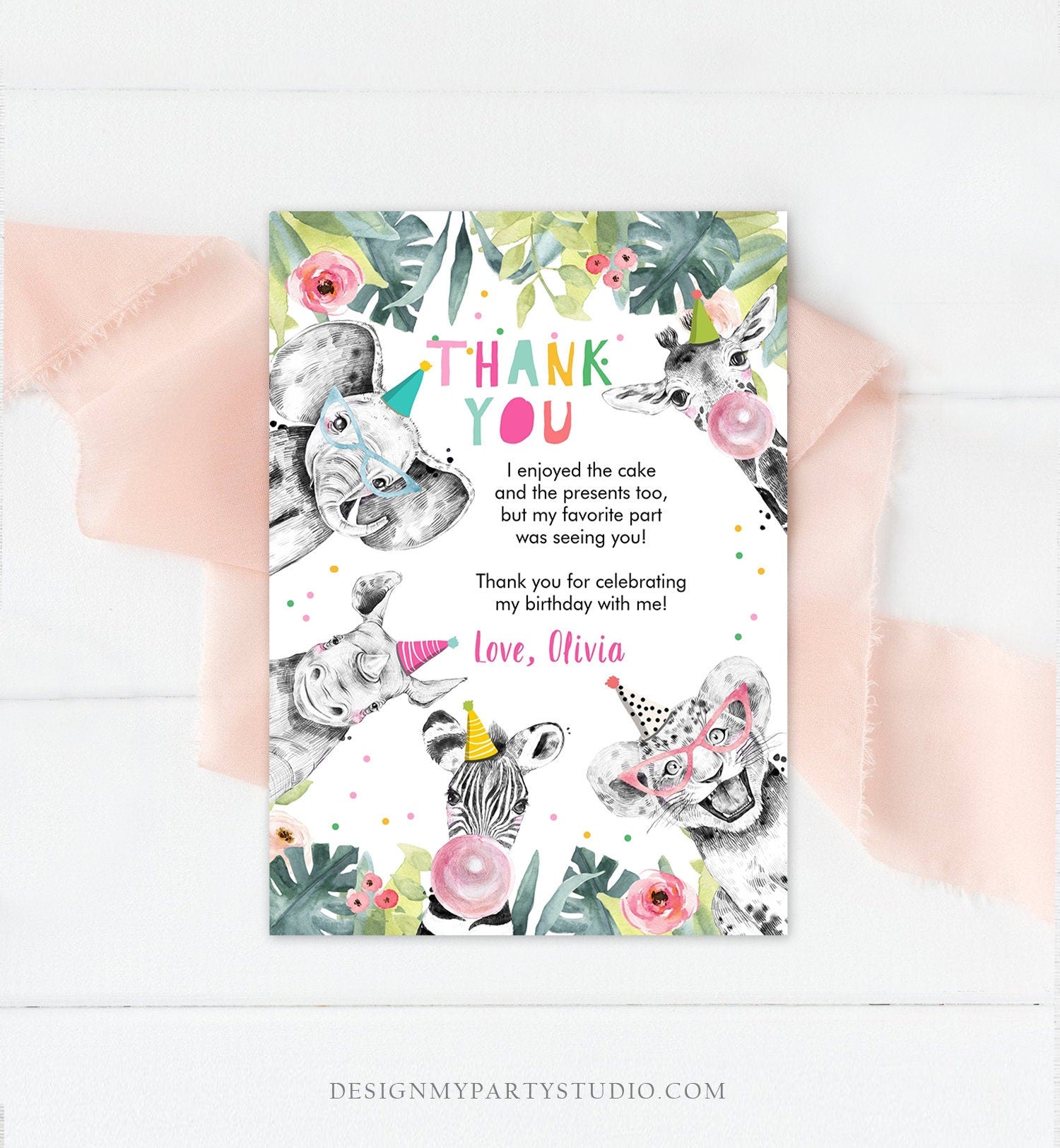 Editable Thank You Card Safari Animals Wild One Two Wild Thank You Note Girl Pink Gold Zoo Party Animals Digital Template Printable 0322