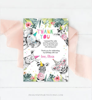 Editable Thank You Card Safari Animals Wild One Two Wild Thank You Note Girl Pink Gold Jungle Zoo Party Animals Corjl Template Digital 0322