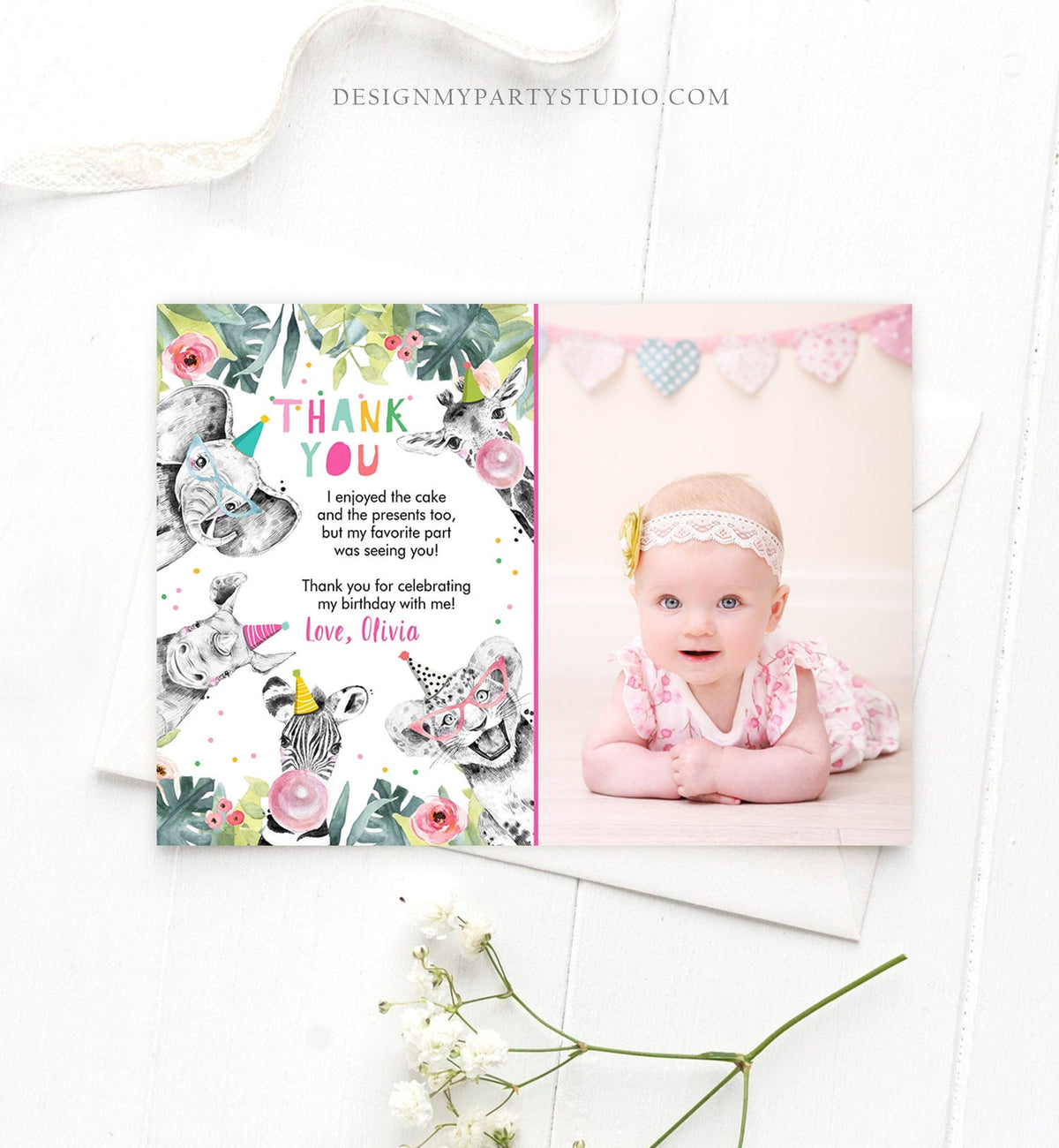 Editable Thank You Card Safari Animals Wild One Two Wild Thank You Note Girl Pink Gold Zoo Party Animals Digital Template Printable 0322