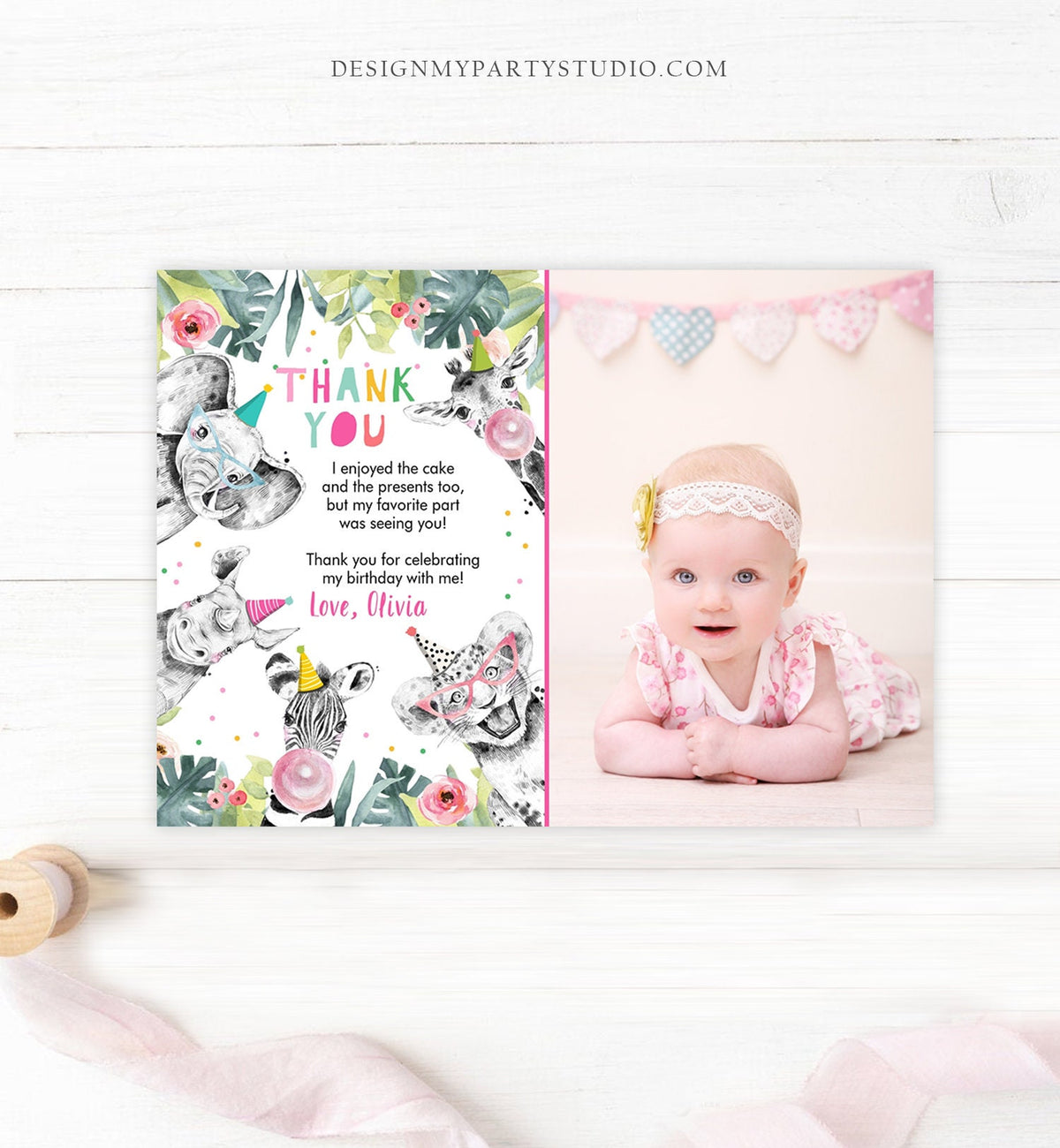 Editable Thank You Card Safari Animals Wild One Two Wild Thank You Note Girl Pink Gold Zoo Party Animals Digital Template Printable 0322