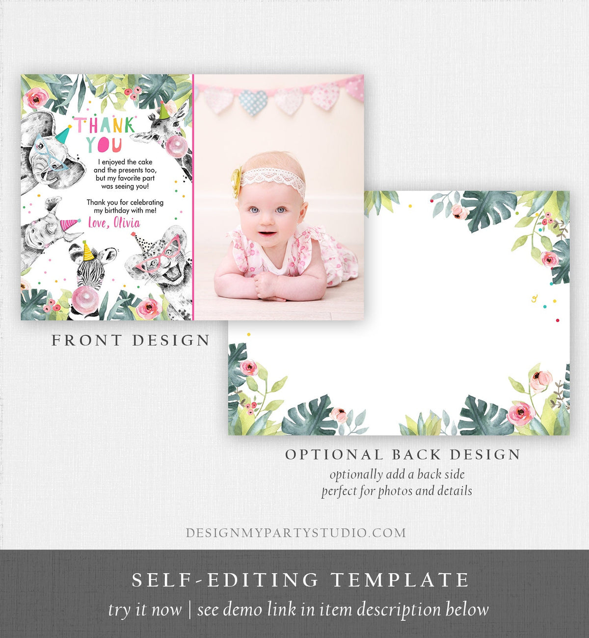 Editable Thank You Card Safari Animals Wild One Two Wild Thank You Note Girl Pink Gold Zoo Party Animals Digital Template Printable 0322