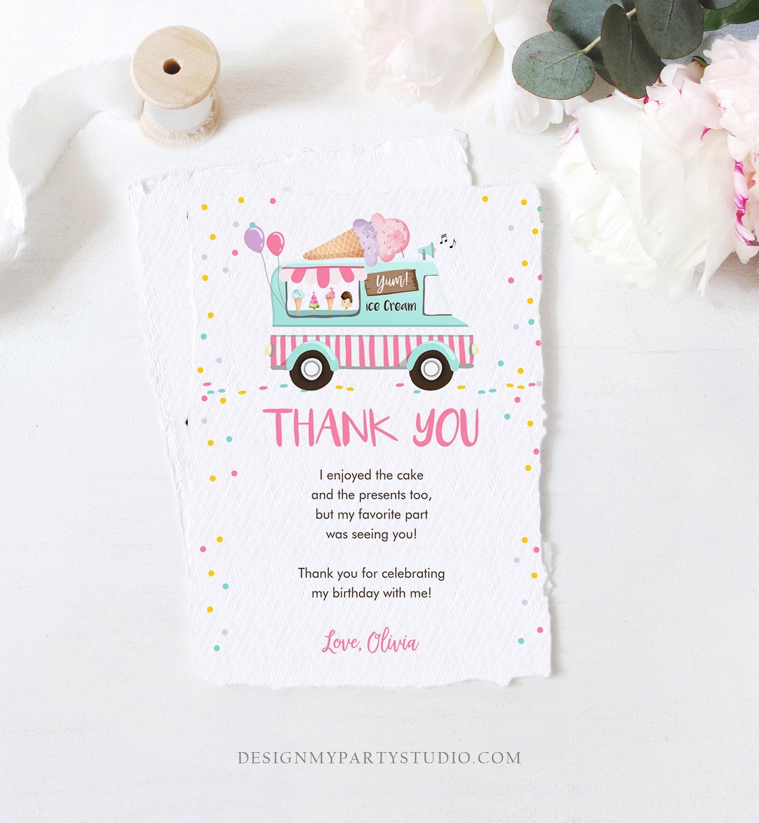 Editable Thank You Card Ice Cream Truck Birthday Thank You Note Ice Cream Social Drive by Party Scoop Printable Template Corjl 0243