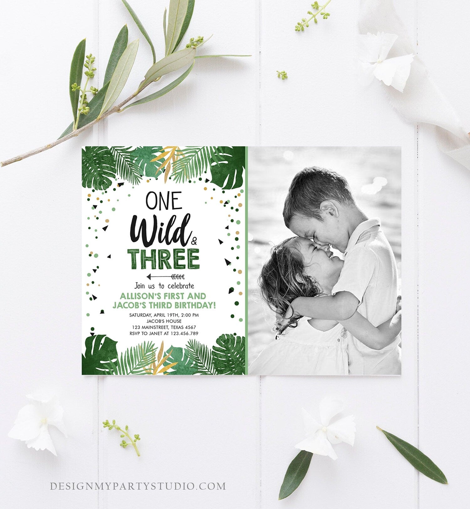 Editable One Wild and Three Birthday Invitation Safari Tropical Party 1st 3rd First Third Birthday Coed Joined Boy Gold Corjl Template 0332