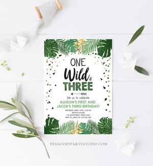 Editable One Wild and Three Birthday Invitation Safari Tropical Party 1st 3rd First Third Birthday Coed Joined Boy Gold Corjl Template 0332