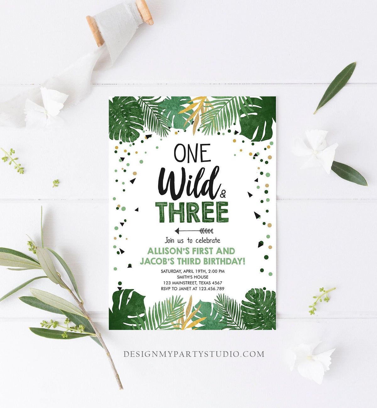 Editable One Wild and Three Birthday Invitation Safari Tropical Party 1st 3rd First Third Birthday Coed Joined Boy Gold Corjl Template 0332
