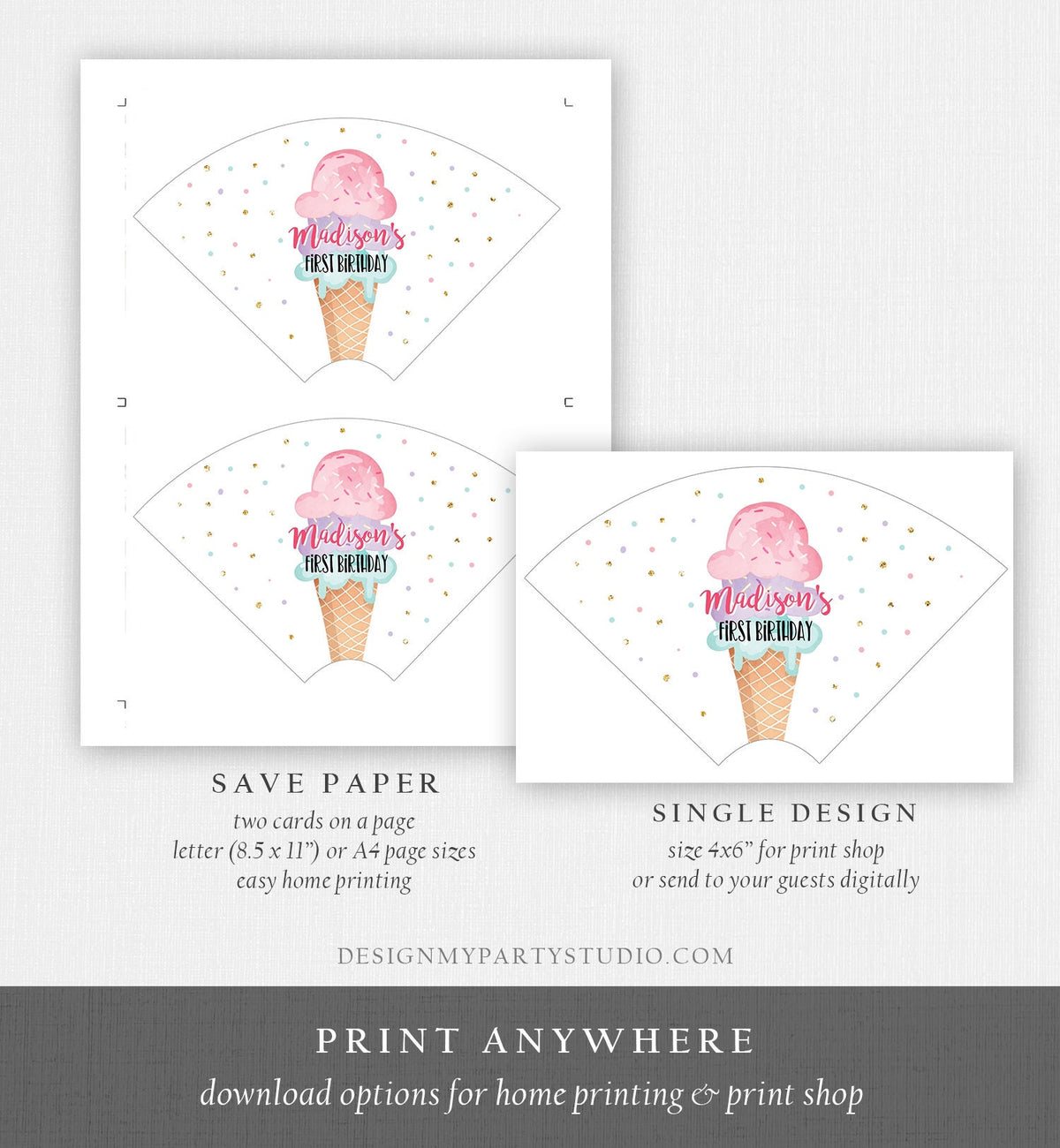 Editable Ice Cream Cone Wrapper Ice Cream Label Ice Cream Birthday Girl Pink Ice Cream Social Cone Wrapper Ice Cream Bar Template Corjl 0243