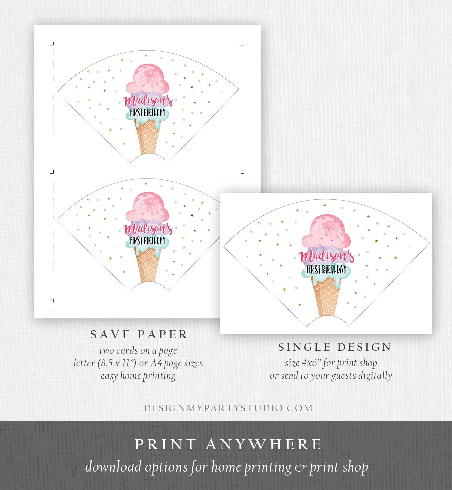 Editable Ice Cream Cone Wrapper Ice Cream Label Ice Cream Birthday Girl Pink Ice Cream Social Cone Wrapper Ice Cream Bar Template Corjl 0243