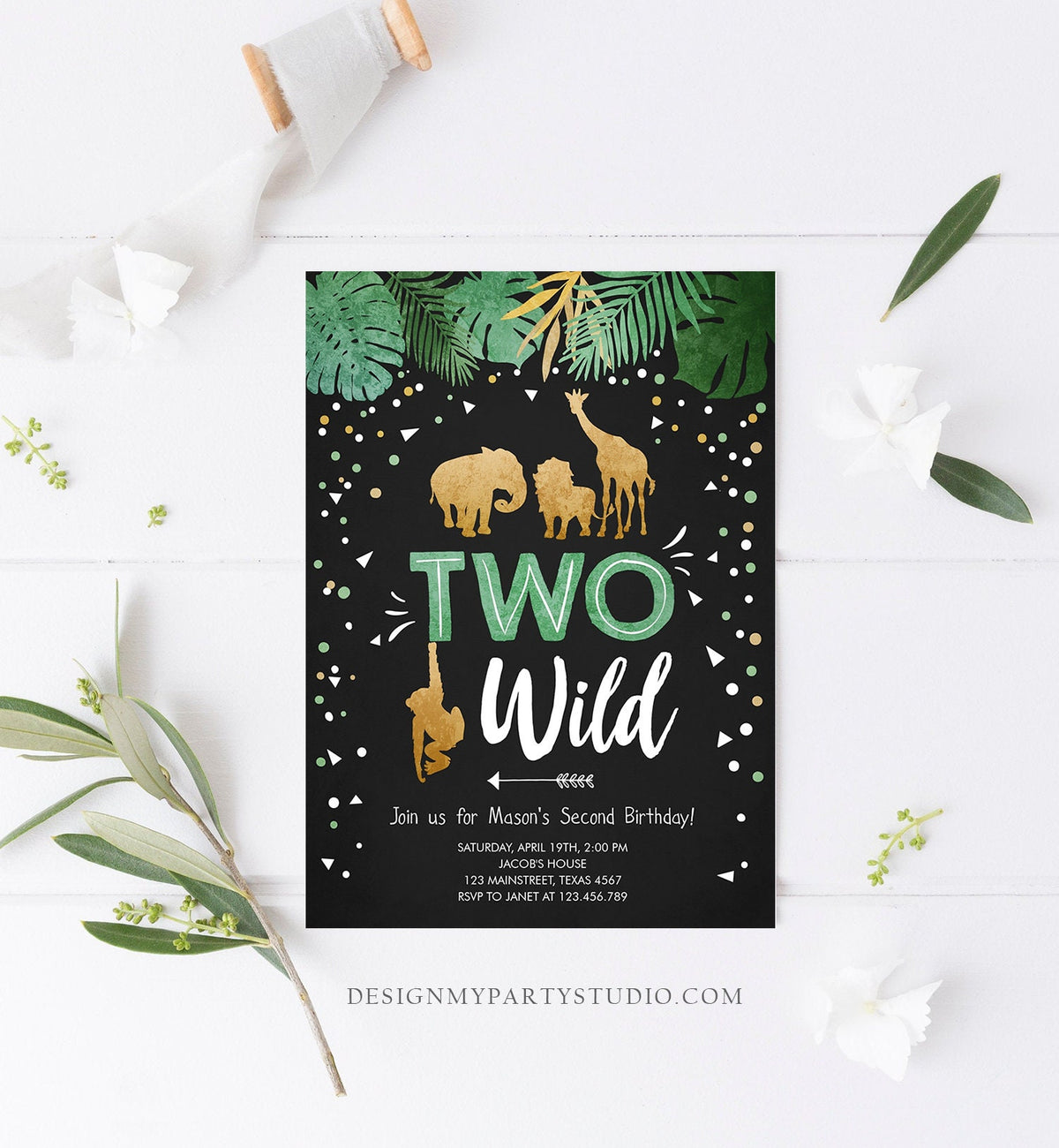 Editable Two Wild Birthday Invitation Safari Animals Wild Animals Black Gold Second Birthday 2nd Digital Download Template Printable 0016