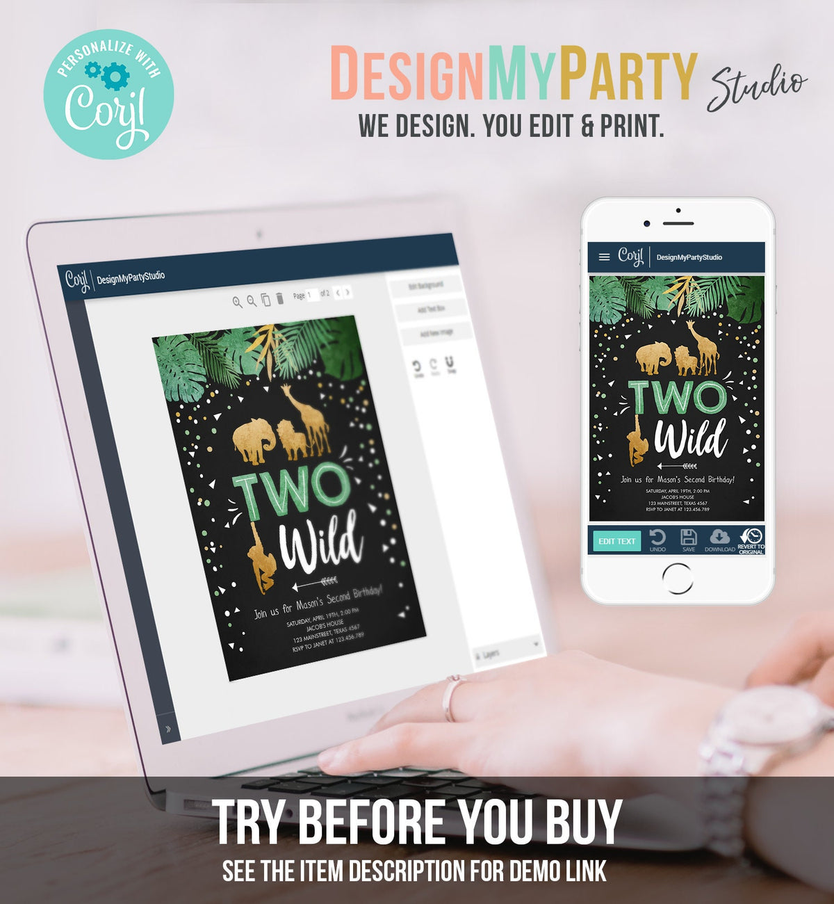 Editable Two Wild Birthday Invitation Safari Animals Wild Animals Black Gold Second Birthday 2nd Digital Download Template Printable 0016