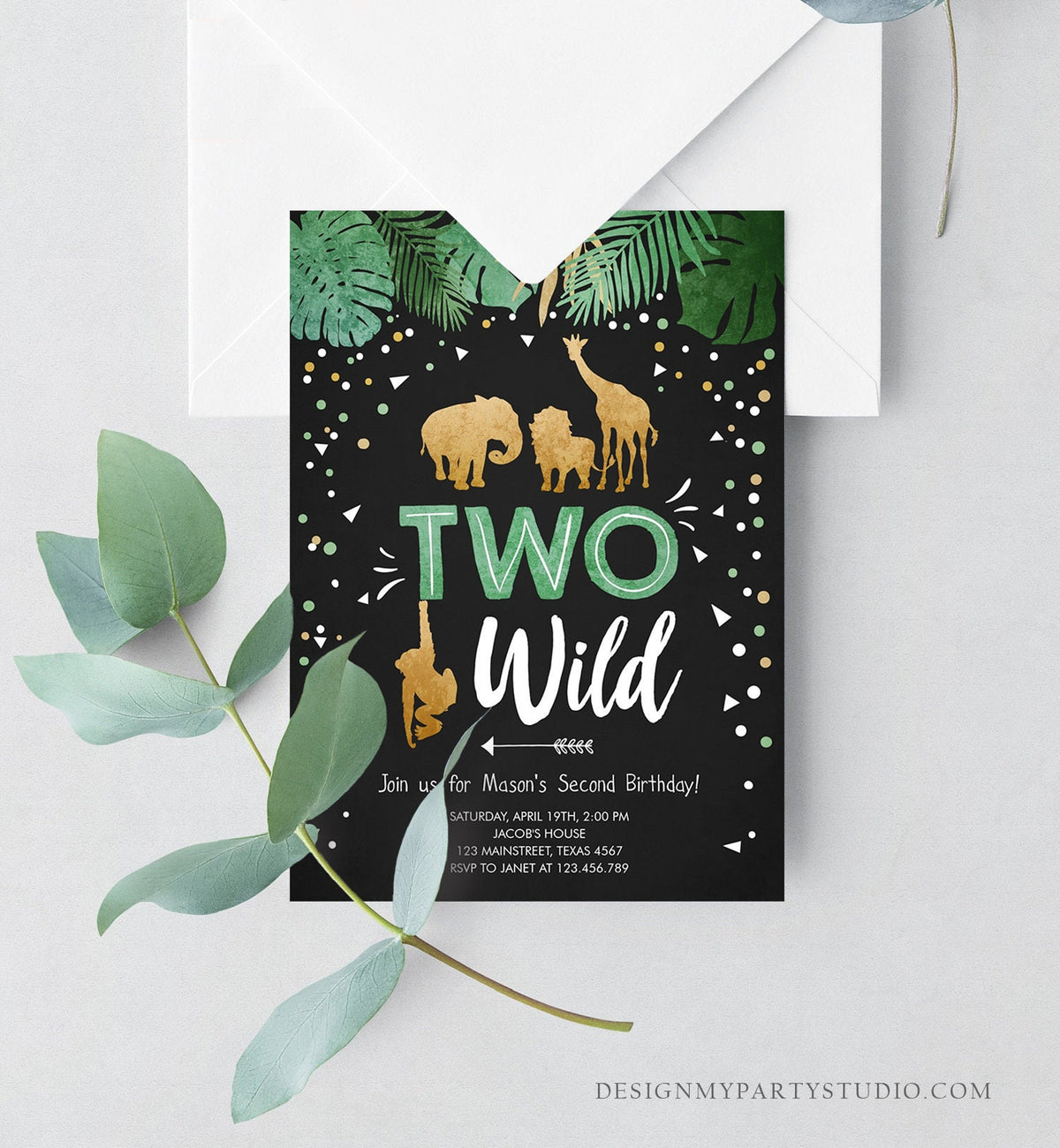 Editable Two Wild Birthday Invitation Safari Animals Wild Animals Black Gold Second Birthday 2nd Digital Download Template Printable 0016