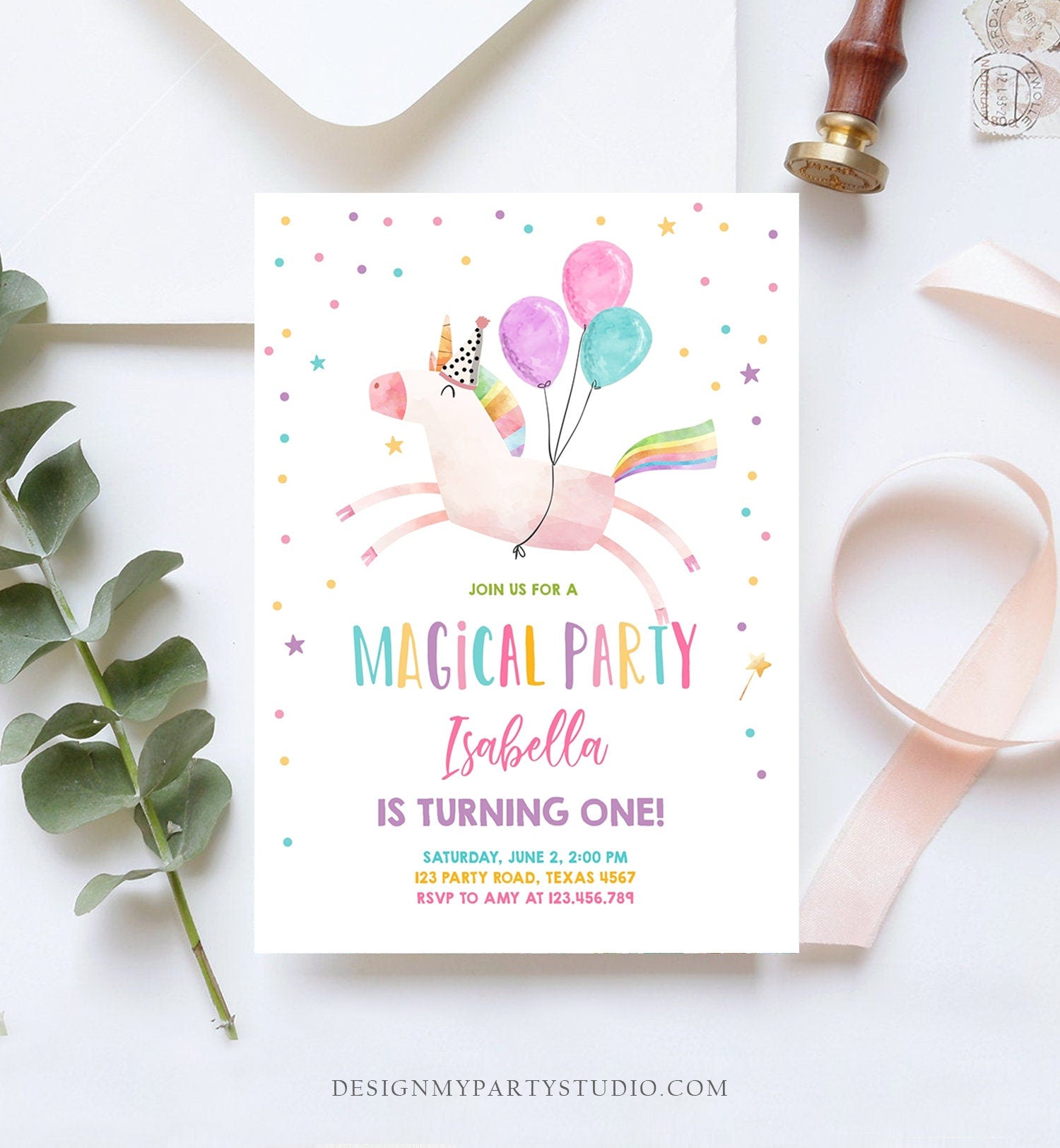 Editable Unicorn Birthday Invitation Magical Party Invite Girl Pink First Birthday Digital Invite Template Rainbow Download Corjl 0336