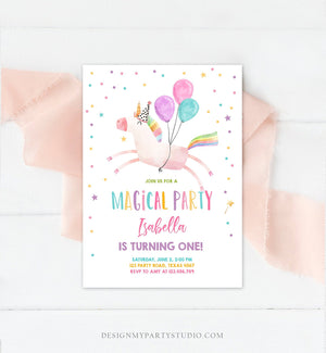 Editable Unicorn Birthday Invitation Magical Party Invite Girl Pink First Birthday Digital Invite Template Rainbow Download Corjl 0336