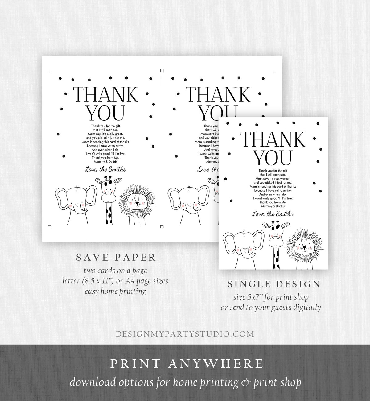 Editable Baby Shower Thank You Card Baby Shower Birthday Safari Animals Wild Zoo Jungle Modern Monogram Digital Corjl Template 0039