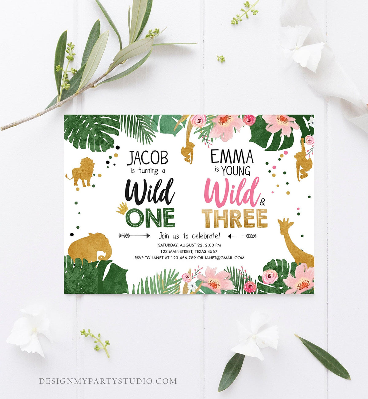 Editable Wild One Birthday Invitation Wild and Three Boy Girl Safari Animals Jungle Gold Joint Dual Combined Corjl Template Printable 0016
