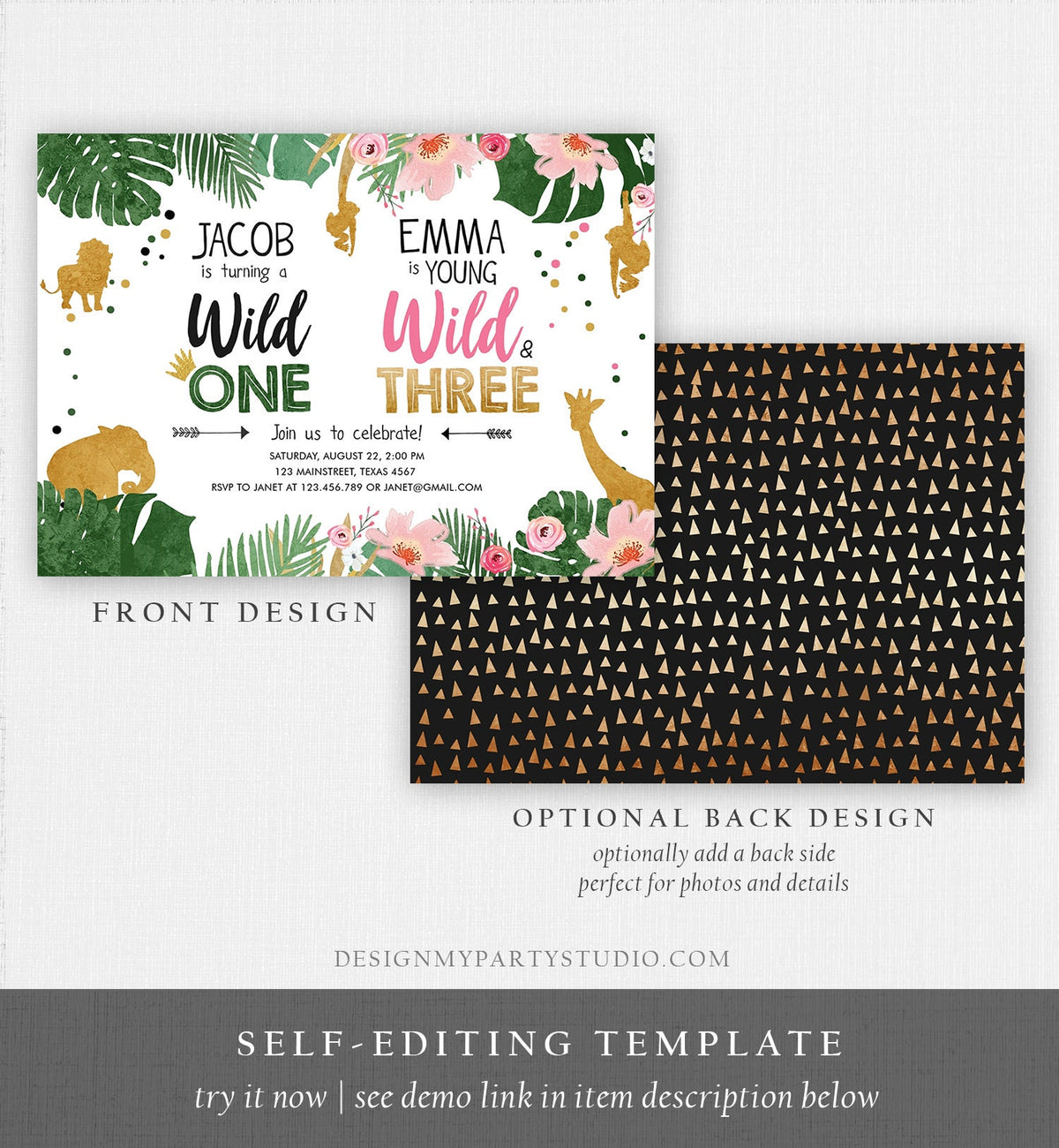Editable Wild One Birthday Invitation Wild and Three Boy Girl Safari Animals Jungle Gold Joint Dual Combined Corjl Template Printable 0016