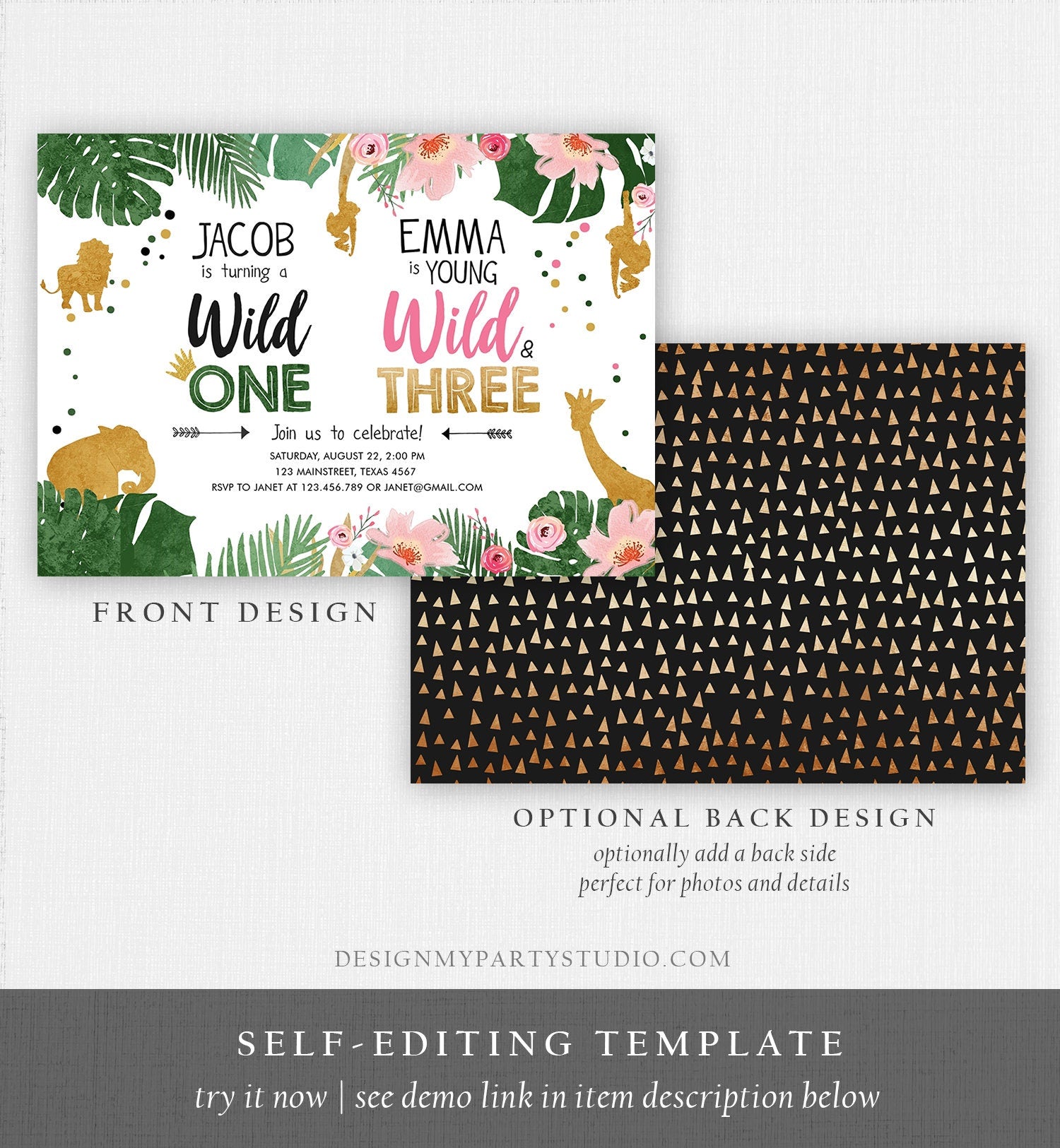 Editable Wild One Birthday Invitation Wild and Three Boy Girl Safari Animals Jungle Gold Joint Dual Combined Corjl Template Printable 0016