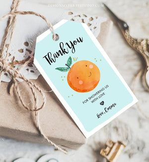 Editable A Little Cutie is on The Way Favor Tag Orange Clementine Baby Shower Cutie Gift Tag Blue Boy Template Corjl Printable 0330