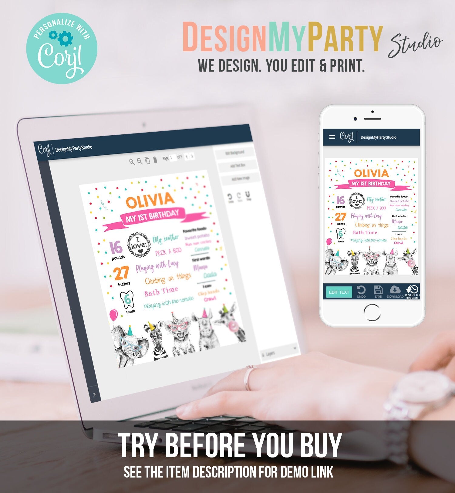 Editable Party Animals Birthday Milestones Sign Girl Pink Blue First Birthday 1st Safari Animals Wild Zoo Digital Template Printable 0390