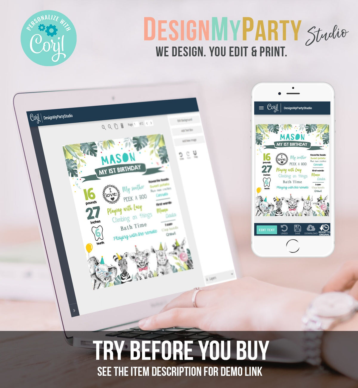 Editable Party Animals Birthday Milestone Sign Boy Green Blue First Birthday 1st Safari Animals Wild Zoo Digital Template Printable 0322