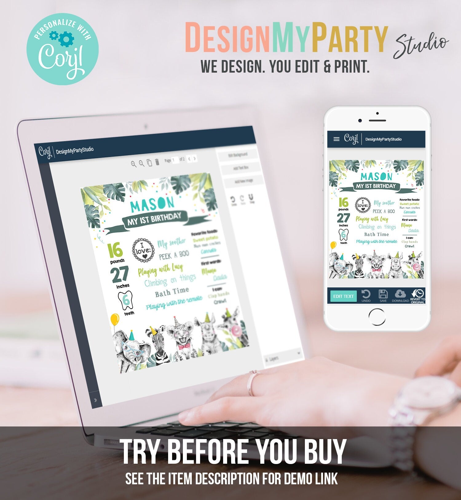 Editable Party Animals Birthday Milestone Sign Boy Green Blue First Birthday 1st Safari Animals Wild Zoo Digital Template Printable 0322