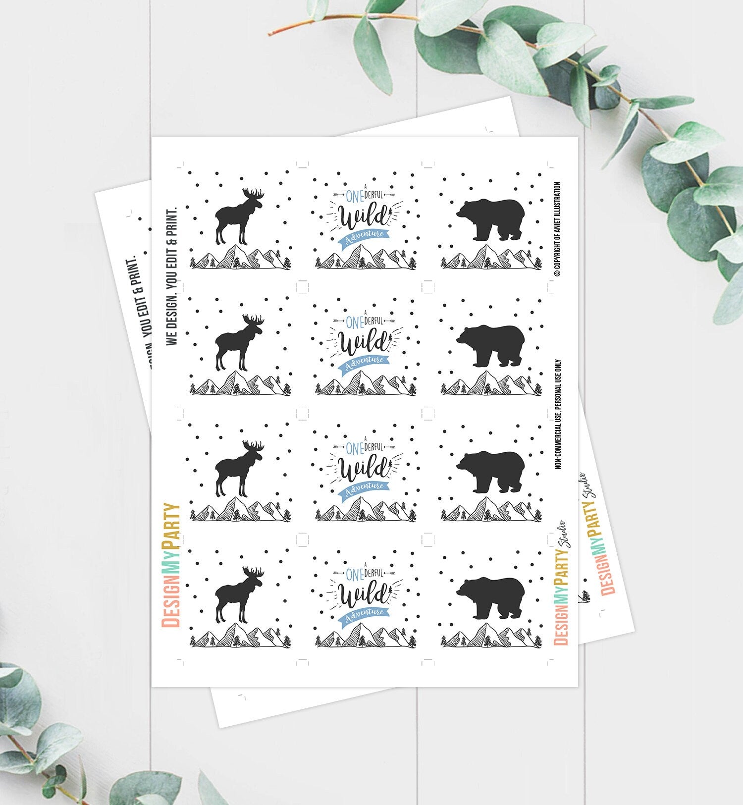 Wild Adventure Cupcake Toppers Favor Tags Birthday Party Decoration Lumberjack Outdoor Woodland Bear Boy Blue Moose Decor PRINTABLE 0083