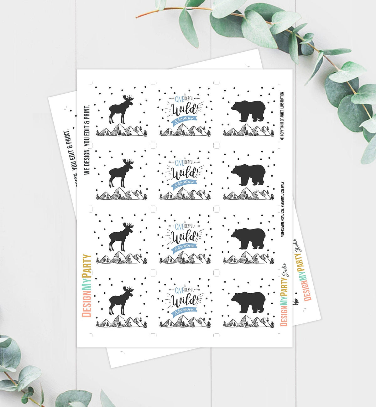 Wild Adventure Cupcake Toppers Favor Tags Birthday Party Decoration Lumberjack Outdoor Woodland Bear Boy Blue Moose Decor PRINTABLE 0083
