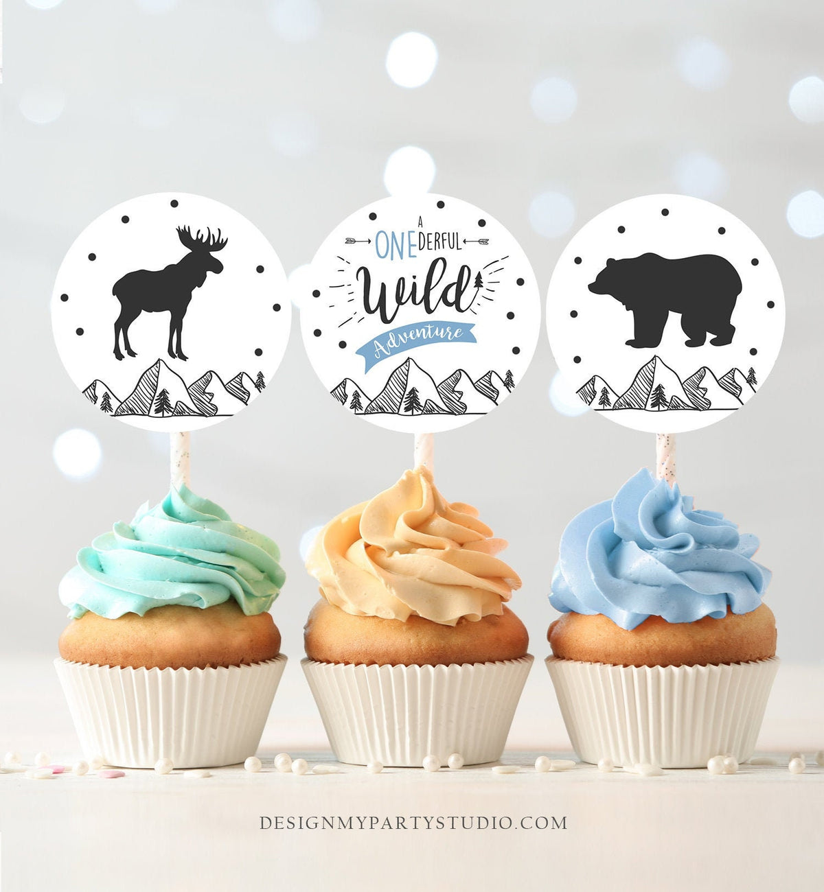 Wild Adventure Cupcake Toppers Favor Tags Birthday Party Decoration Lumberjack Outdoor Woodland Bear Boy Blue Moose Decor PRINTABLE 0083