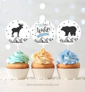 Wild Adventure Cupcake Toppers Favor Tags Birthday Party Decoration Lumberjack Outdoor Woodland Bear Boy Blue Moose Decor PRINTABLE 0083