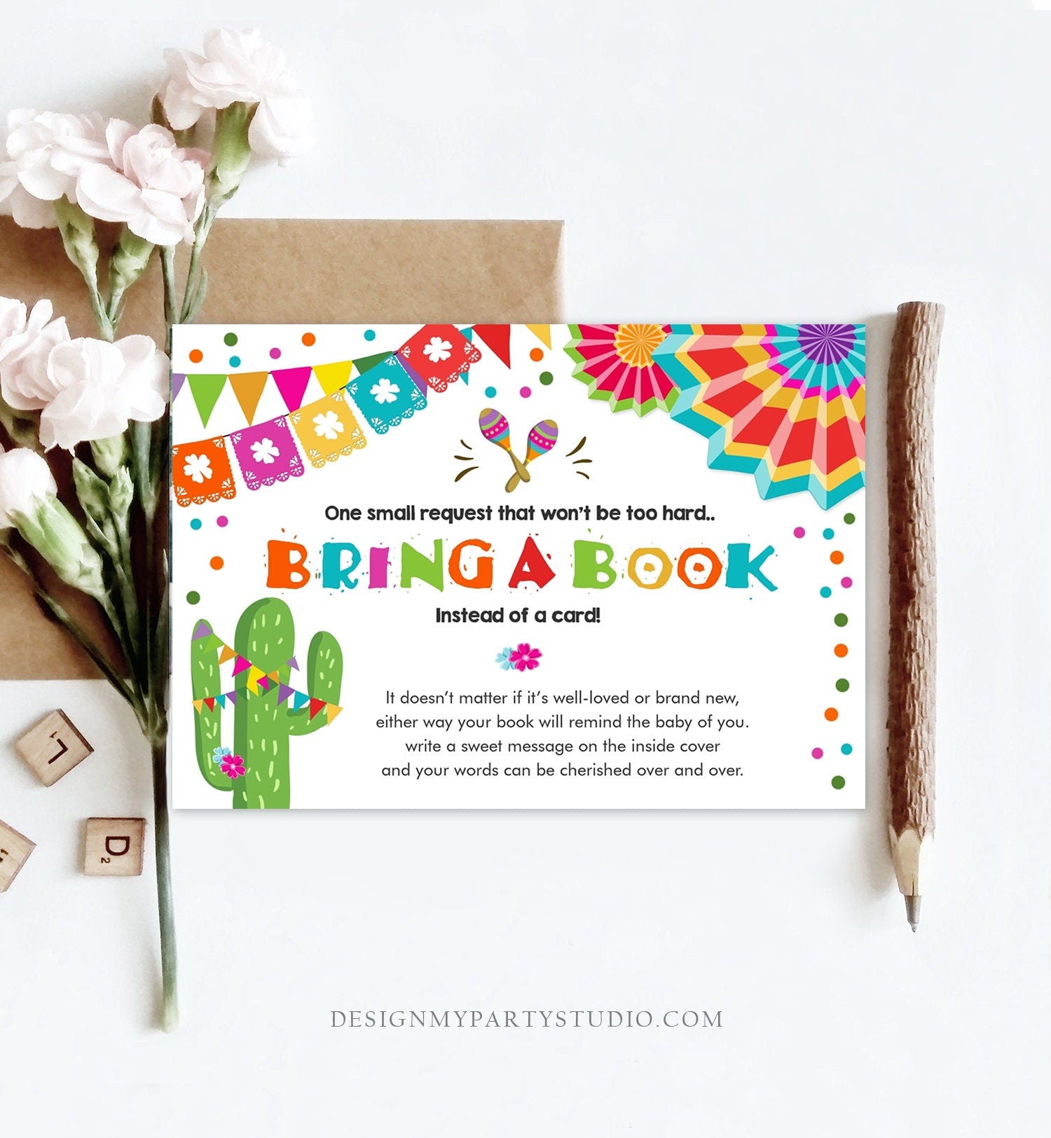 Editable Bring a Book Card Baby Shower Fiesta Cactus Taco Bout a Baby Book Insert Books for Baby Book Request Corjl Template Printable 0045