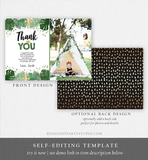 Editable Thank You Card Safari Wild One Two Wild and Three Wild Things Thank You Note Black Gold Photo Boy Jungle Corjl Template 0332
