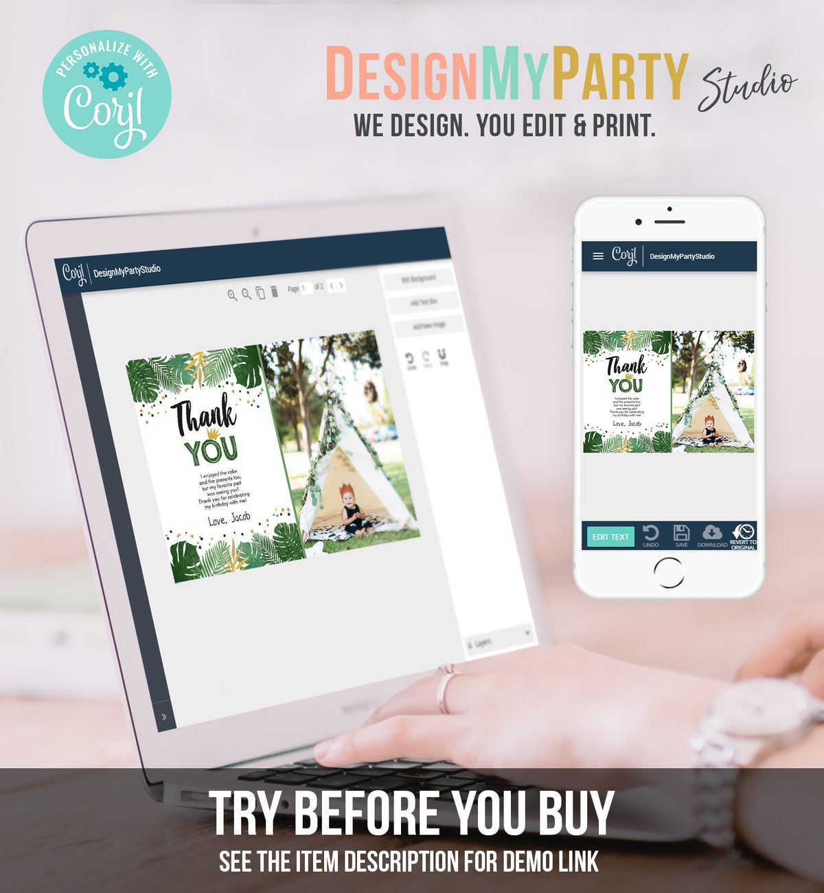 Editable Thank You Card Safari Wild One Two Wild and Three Wild Things Thank You Note Black Gold Photo Boy Digital Template Printable 0332