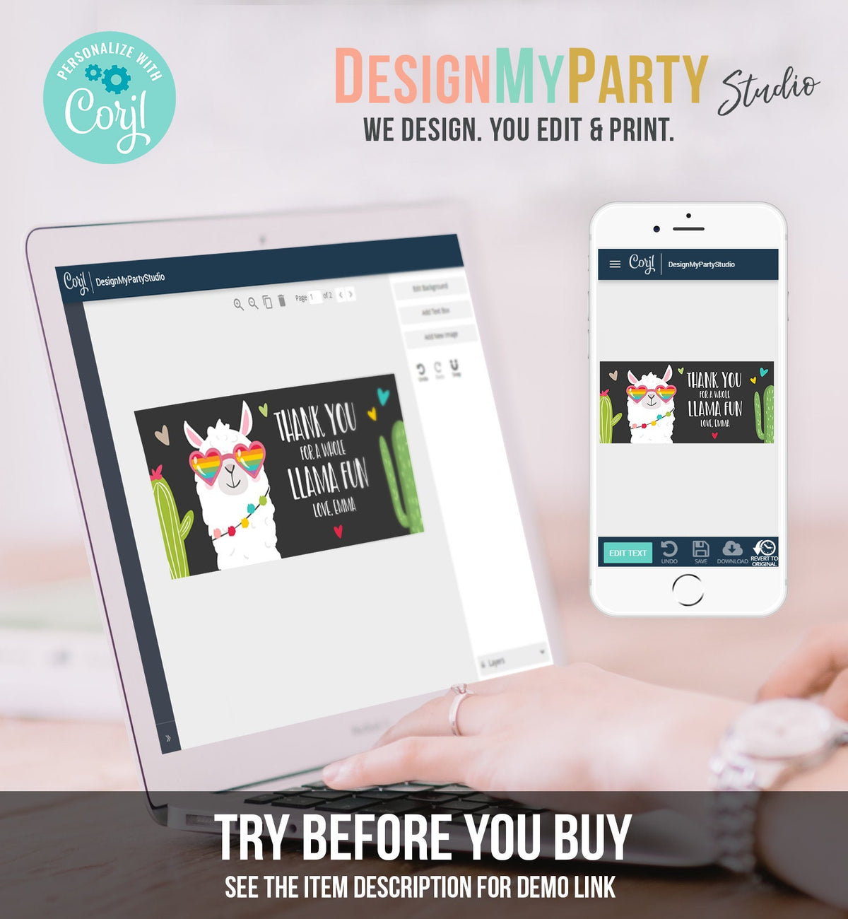 Editable Llama Treat Bag Toppers Llama Birthday Girl Sunglasses Hearts Pink Thank you Whole Llama Fun Loot Bag Fiesta PRINTABLE Corjl 0079