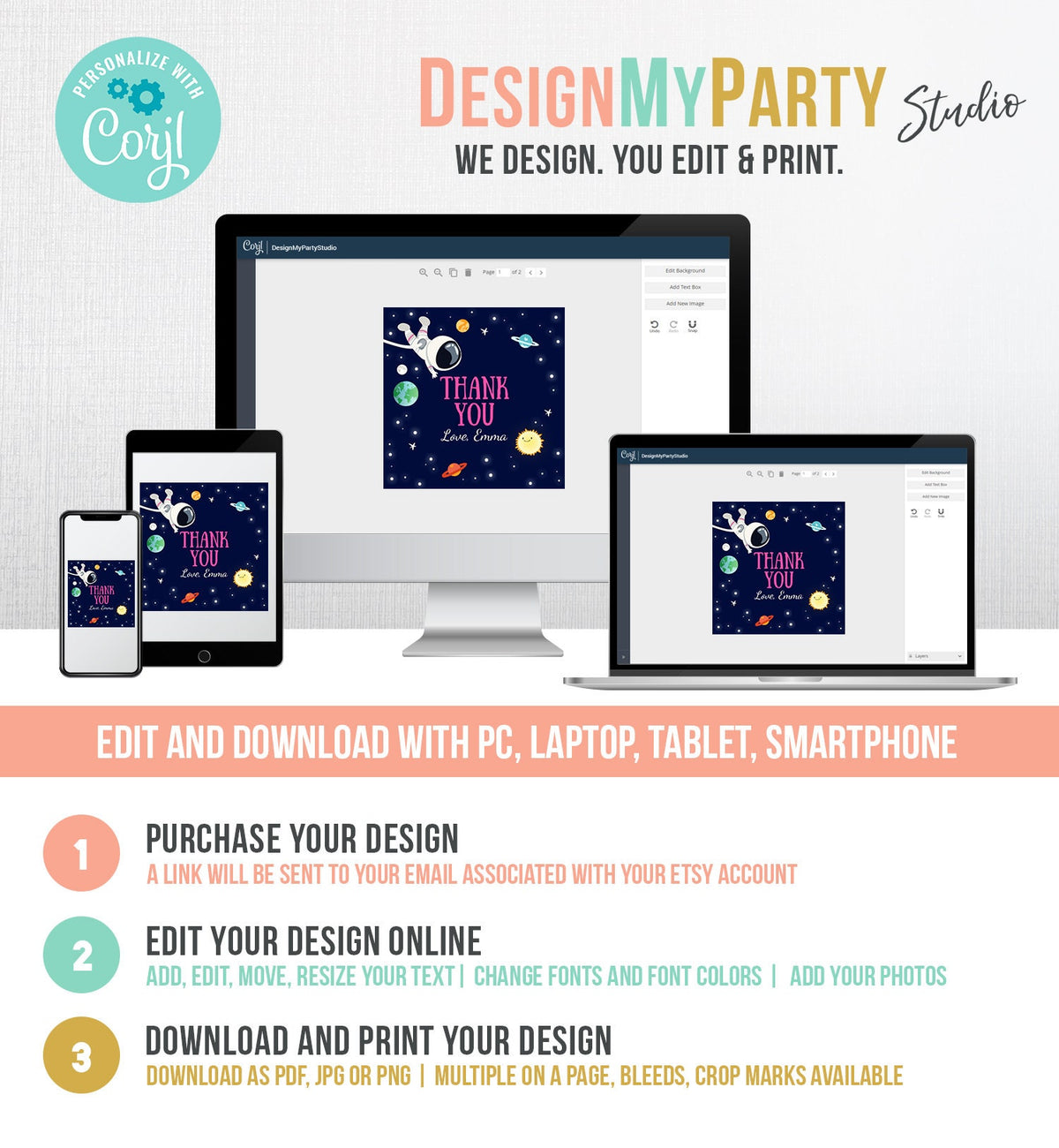 Editable Girl Space Astronaut Favor Tag Thank You Birthday Party Outer Space Galaxy Planets Stars Sticker Digital Template Printable 0259