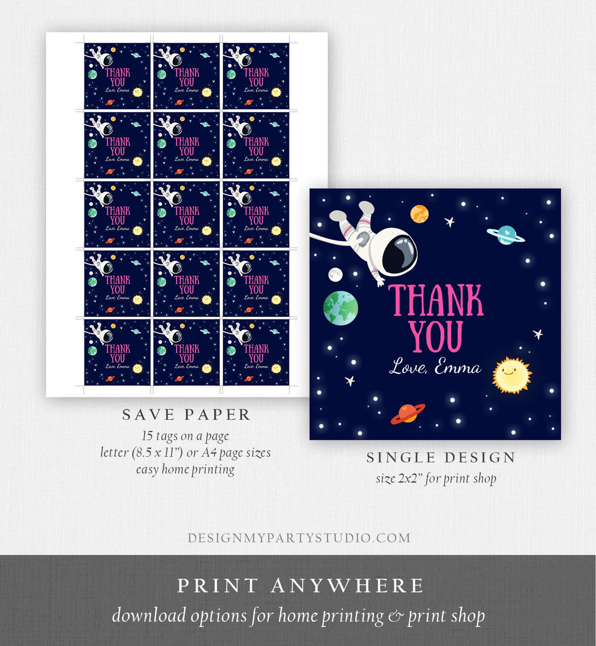 Editable Girl Space Astronaut Favor Tag Thank You Birthday Party Outer Space Galaxy Planets Stars Sticker Digital Template Printable 0259