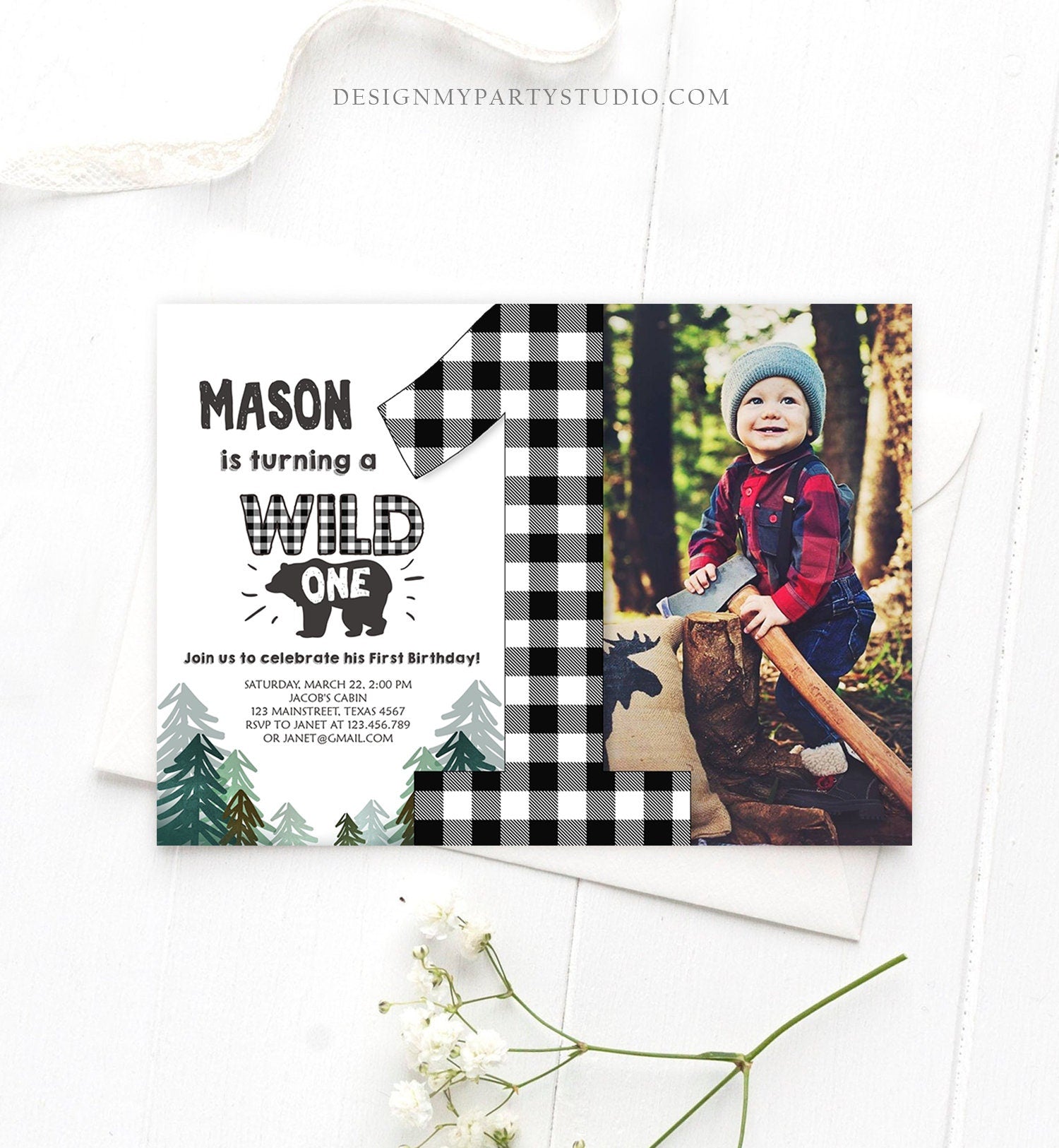 Editable Lumberjack Wild One Birthday Invitation First Birthday Forest Trees Black White Plaid Outdoor Bear Boy 1st Corjl Template 0377