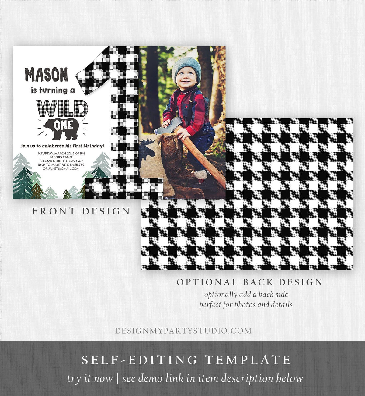 Editable Lumberjack Wild One Birthday Invitation First Birthday Forest Trees Black White Plaid Outdoor Bear Boy 1st Corjl Template 0377