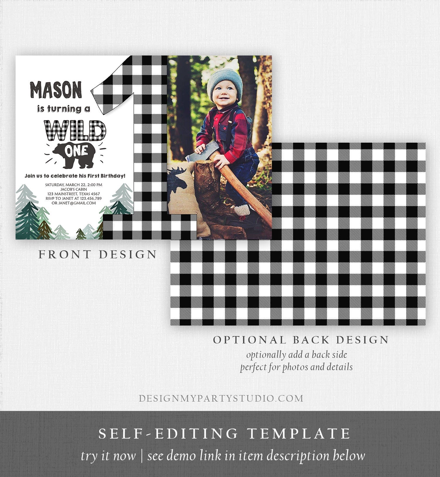Editable Lumberjack Wild One Birthday Invitation First Birthday Forest Trees Black White Plaid Outdoor Bear Boy 1st Corjl Template 0377