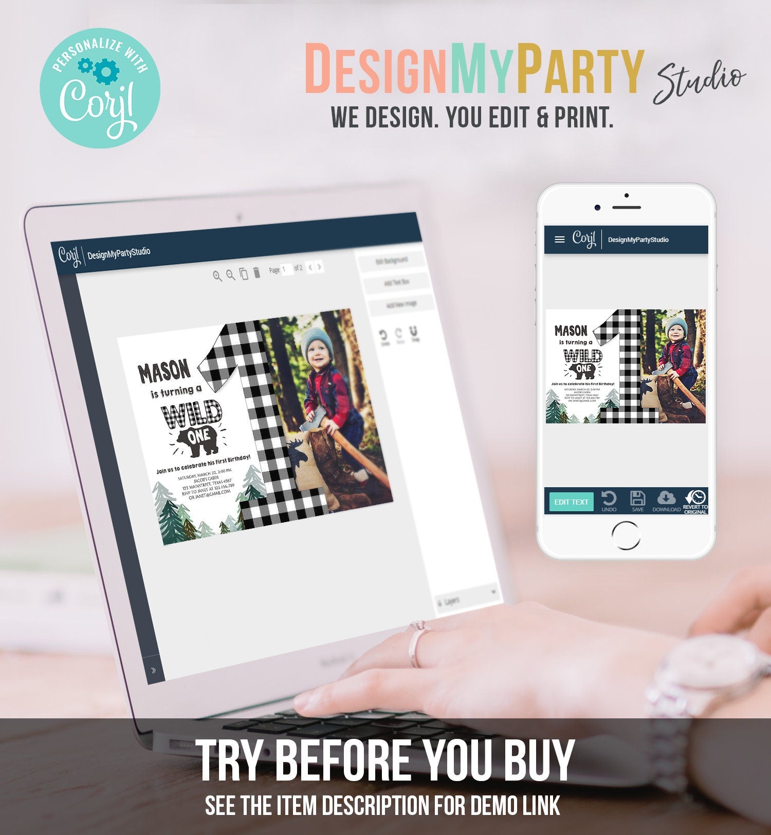 Editable Lumberjack Wild One Birthday Invitation First Birthday Forest Trees Black White Plaid Outdoor Bear Boy 1st Corjl Template 0377