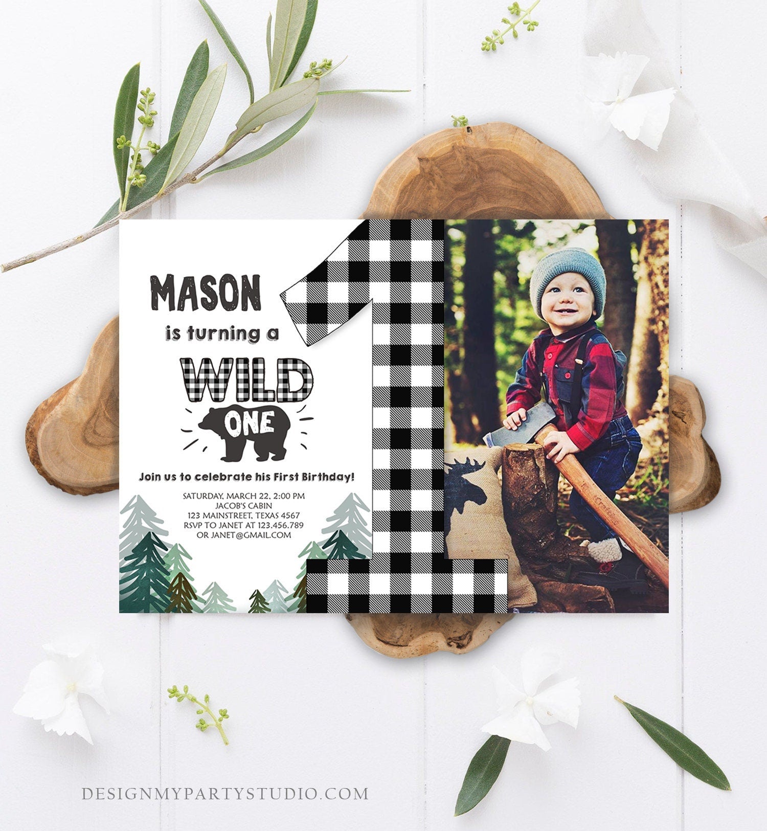 Editable Lumberjack Wild One Birthday Invitation First Birthday Forest Trees Black White Plaid Outdoor Bear Boy 1st Corjl Template 0377