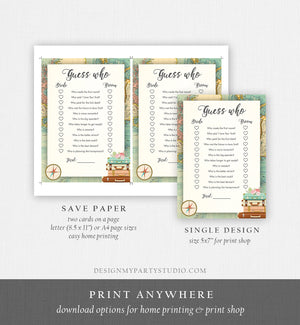 Editable Guess Who Bridal Shower Game Travel Bride Groom Said Wedding Shower Activity Vintage Map Suitcases Corjl Template Printable 0044
