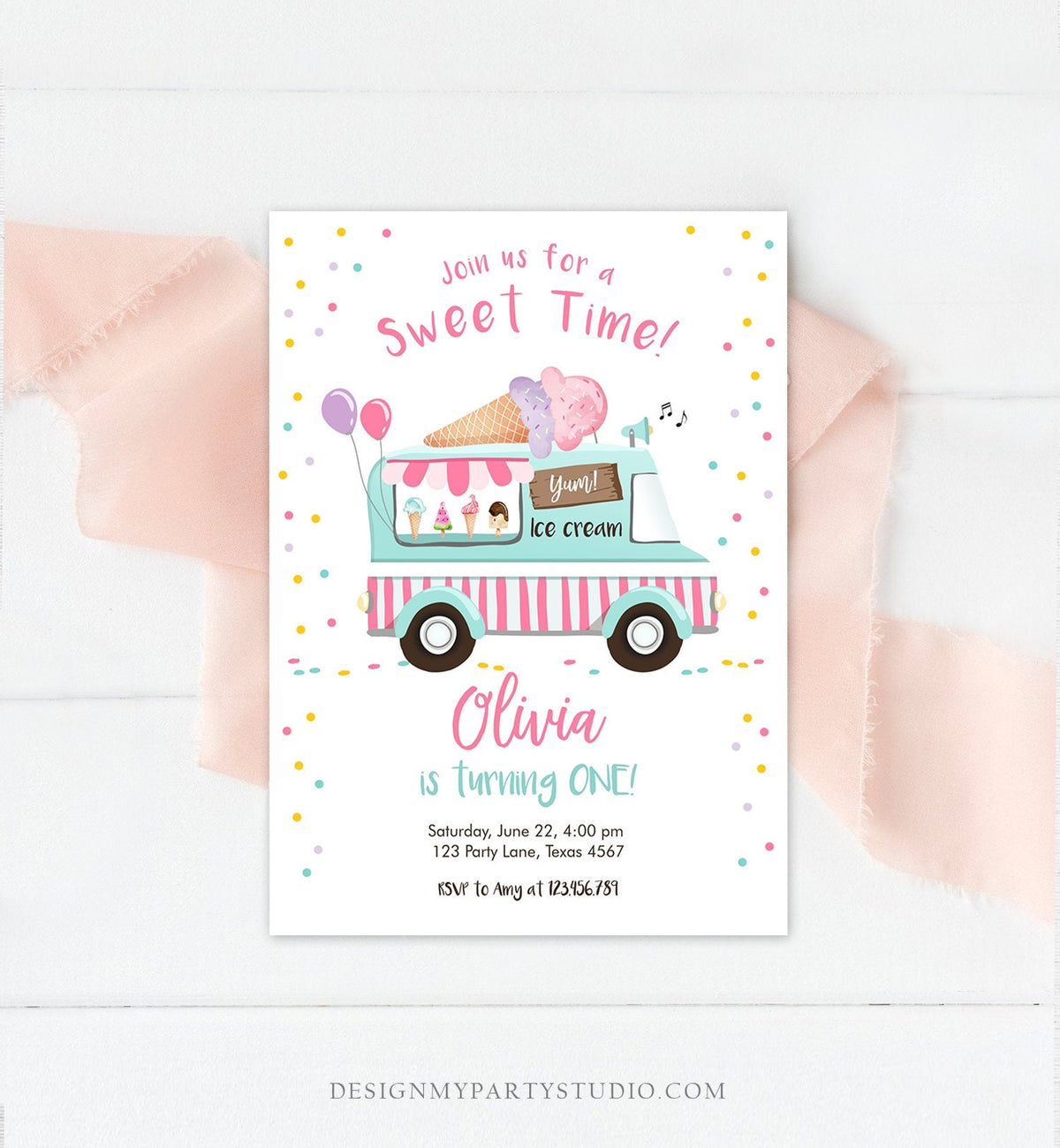 Editable Ice Cream Truck Birthday Invitation Ice Cream Birthday Party Cone Pink Mint Purple Any Age Scoop Printable Template Corjl 0243